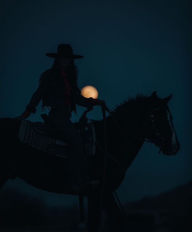 a woman riding on the back of a black horse at night with a full moon in the background