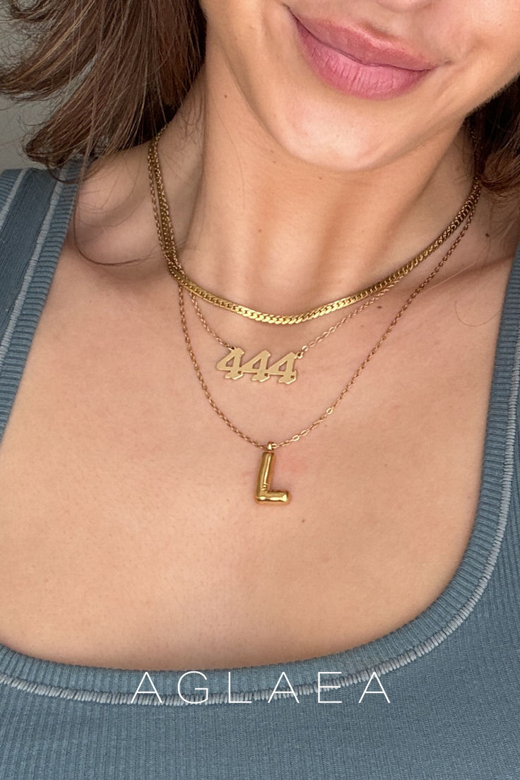 The cutest puffy initial necklace! Styled with an angel number necklace and serpent bone necklace. Perfect to elevate your winter outfits. Angel Number Necklace, Necklace Stack, Number Necklace, Bone Necklace, Gold Necklaces, Angel Number, An Angel, Initial Necklace, Free Jewelry