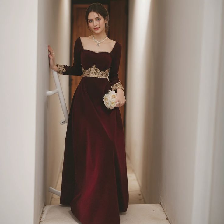 Olivia Mark - Velvet Long Sleeve Bridal Toast Red Engagement Dress with Slim Fit, Elegant Reception Gown Red Velvet Dress Long Wedding, Red Fitted Velvet Dress For Weddings, Red Engagement Dress, Red Velvet Floor-length Dress For Party, Red Fitted Floor-length Velvet Dress, Red Velvet V-neck Evening Dress, Red Wine Dress, Terry Cloth Dress, Diy Wedding Dress