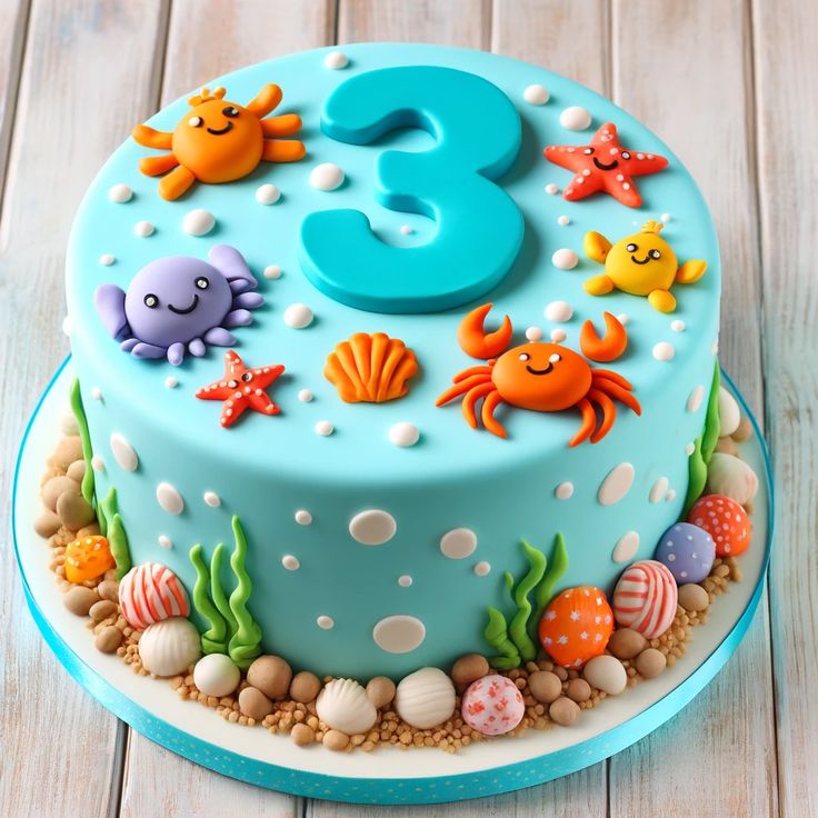 a birthday cake decorated with sea animals and seashells is on a wooden table