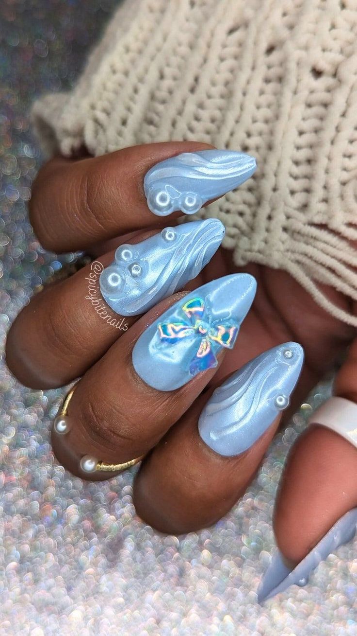 Baby Blue Press On Nails, Quince Nails Dusty Blue, Cute Light Blue Nail Designs, Dorothy Inspired Nails, Sky Blue Glitter Nails, Blue White Winter Nails, Dainty Blue Nails, Nail Designs Overlay, Powder Blue Nails Acrylic