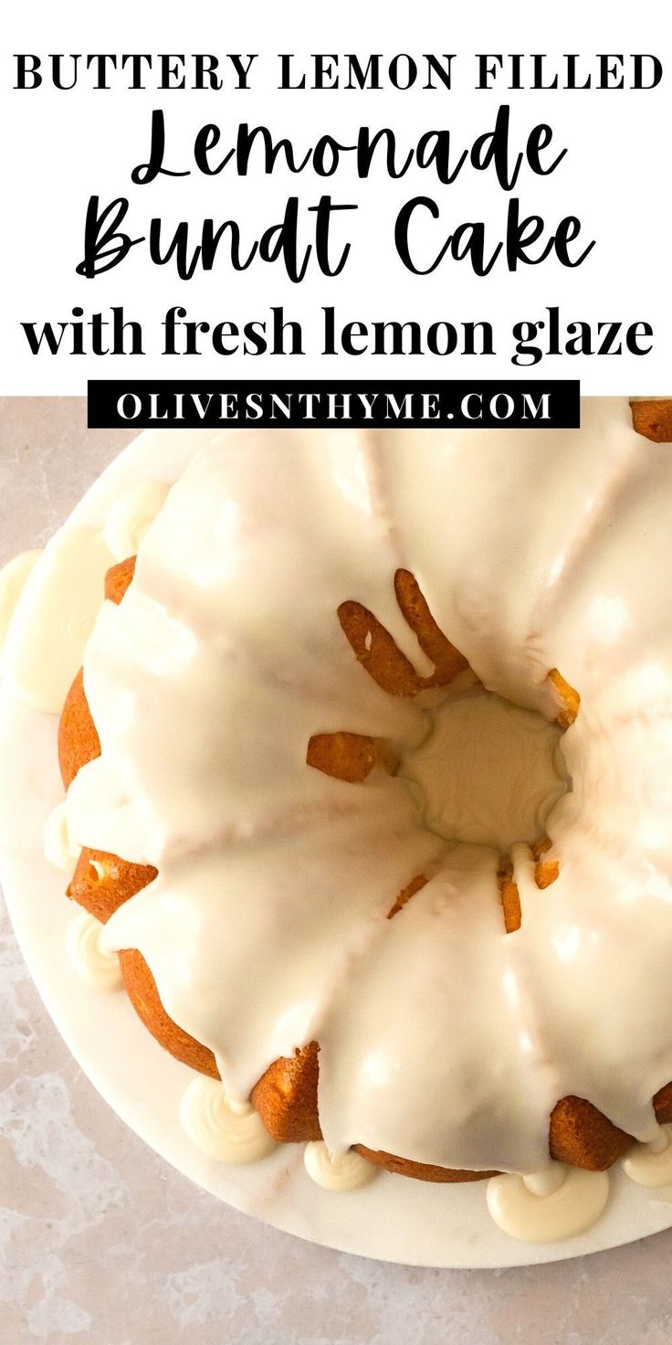 a lemon filled bundt cake with fresh lemon glaze is on a white plate