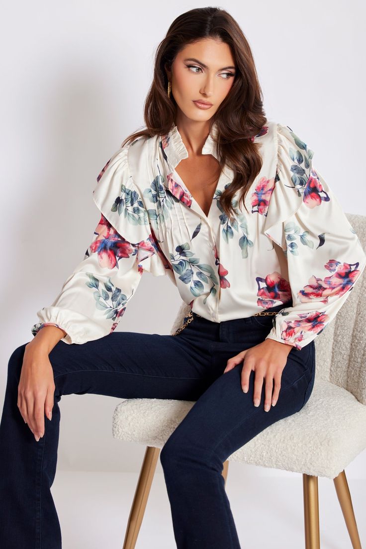 A wear everyday hero, the Thea Blouse features ruffle detailing at the collar and sleeves. Finished with pintuck detailing at the shoulders and airy blouson sleeves. Cut for a relaxed fit, it's the perfect go-to to elevate a pair of jeans, this blouse can easily take you from weekday to weekend with ease. K4ETW2373E-MOF Billowy Pleated Sleeve Blouse For Spring, Billowy Blouse With Pleated Sleeves For Spring, Feminine Tops With Smocked Cuffs For Fall, Spring Balloon Sleeve Blouse With Smocked Cuffs, Feminine Bishop Sleeve Tops For Spring, Spring Puff Sleeve Blouse With Smocked Cuffs, Feminine Long Sleeve Tops With Pleated Sleeves, Fall Blouse With Pleated Sleeves And Ruffled Collar, Workwear Blouse With Ruffles And Balloon Sleeves