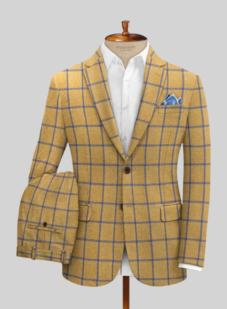 Channel a sartorial statement with our Italian Alter Checks Tweed Suit, it is crafted from a blend of wool and polyamide fabric, serving a soft, supple, oozing luxuriously smooth finish with a checks pattern over a yellow shade that brings an opulent edge. Nail the understated elegance with a perfectly tailored yellow Yellow Tailored Suit For Semi-formal Occasions, Luxury Plaid Wool Tweed Jacket, Classic Yellow Suit For Work, Classic Yellow Suits For Work, Tailored Yellow Suit For Office, Yellow Tailored Suit For Office, Yellow Notch Lapel Suit For Work, Yellow Notch Lapel Suits For Work, Fitted Yellow Suits For Workwear