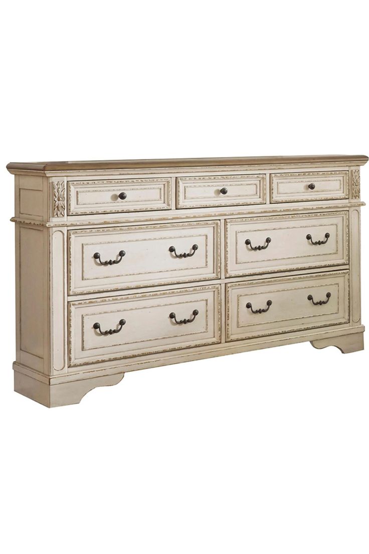 an old white dresser with drawers and handles on it's sides, against a white background