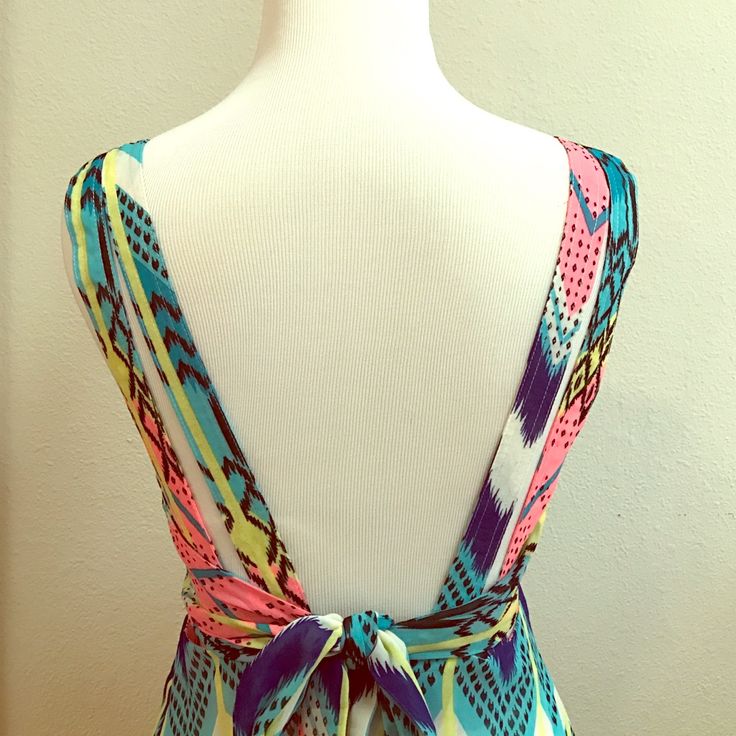 Super Fun Neon Aztec Print Sundress, A-Line Skirt And Super Low Strappy Back With Zip And Ribbon Tie! Size Small, New With Tags - Perfect For Summery Weather Or Spring Break Dancing! Multicolor Maxi Dress With Tie Back, Chic Multicolor Tie Back Dress, Chic Multicolor Tie-back Dress, Multicolor Maxi Dress With Tie Back For Party, Chic Multicolor Dress With Tie Back, Chic Multicolor Maxi Dress With Tie Back, Multicolor Tie Back Dress For Day Out, Spring Multicolor Tie-back Maxi Dress, Fitted Multicolor Maxi Dress For Beach