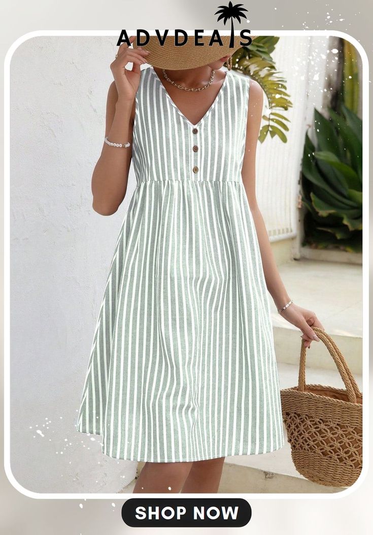 Green Striped Sleeveless Mini Dress A-line Vacation Dresses With Buttons, Fitted Striped Beach Dress, Fitted Striped Dresses For The Beach, Casual A-line Beach Dress, Striped Knee-length Summer Dress, Fitted Striped Dresses For Beach Season, Sleeveless V-neck Dress With Buttons For Beach, Striped Sleeveless Vacation Dresses, Sleeveless Striped Vacation Dresses