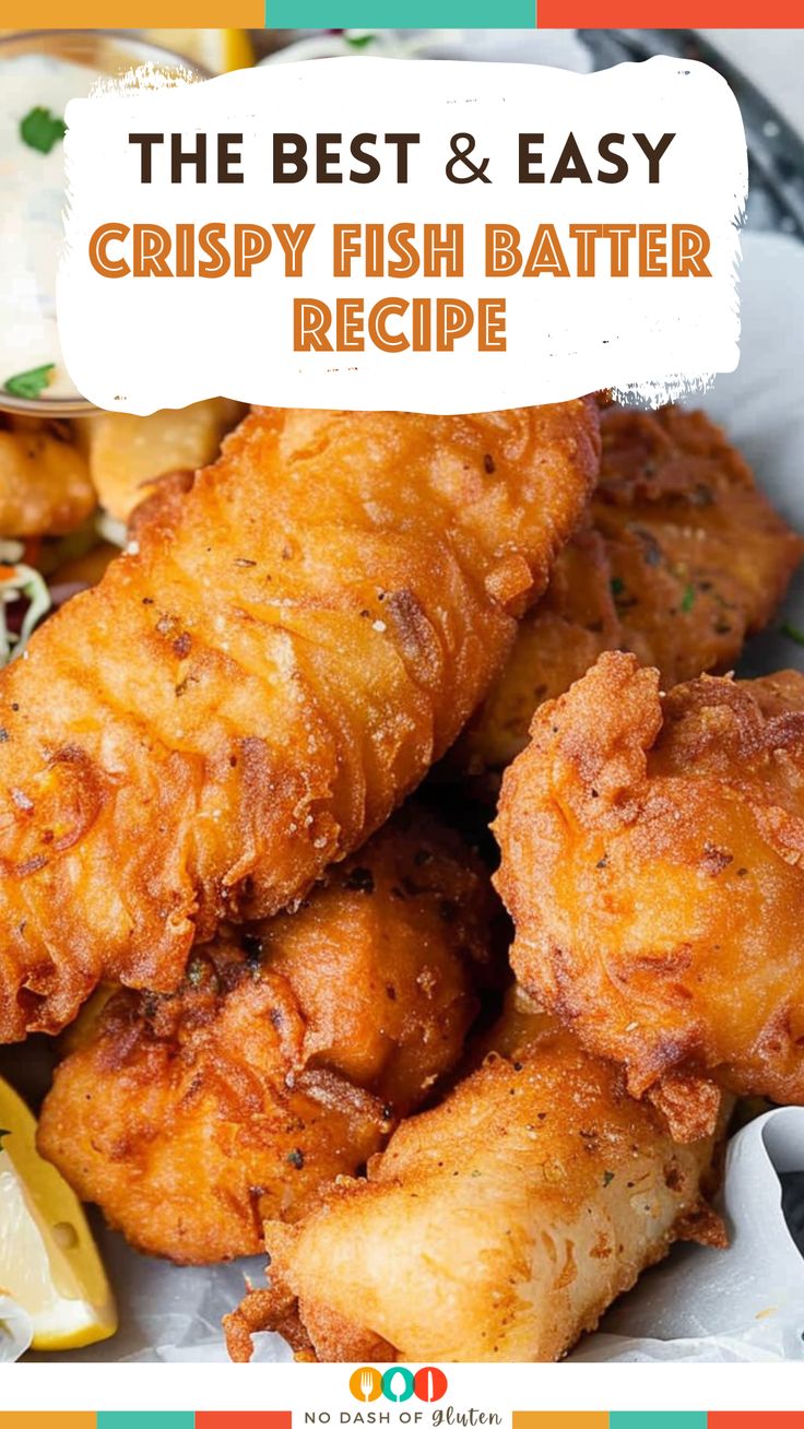 the best and easy crispy fish batter recipe on a plate with lemon wedges