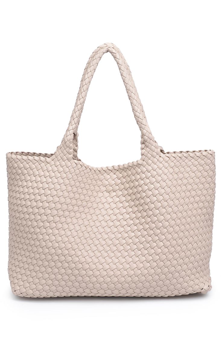 A woven construction gives this spacious and unlined tote bag it's relaxed and slouchy silhouette to compliment your on-the-go lifestyle. Synthetic Two top handles Polyurethane
 Imported Rectangular Beige Shoulder Bag With Rolled Handles, Beige Rectangular Shoulder Bag With Rolled Handles, Neutral Hobo Tote Bag With Leather Handles, Neutral Hobo Bag With Leather Handles Tote Shape, Cream Rectangular Shoulder Bag With Rolled Handles, Beige Rectangular Bucket Bag With Rolled Handles, Chic Beige Beach Bag With Rolled Handles, Beige Casual Beach Bag With Rolled Handles, Beige Bucket Bag With Braided Handles