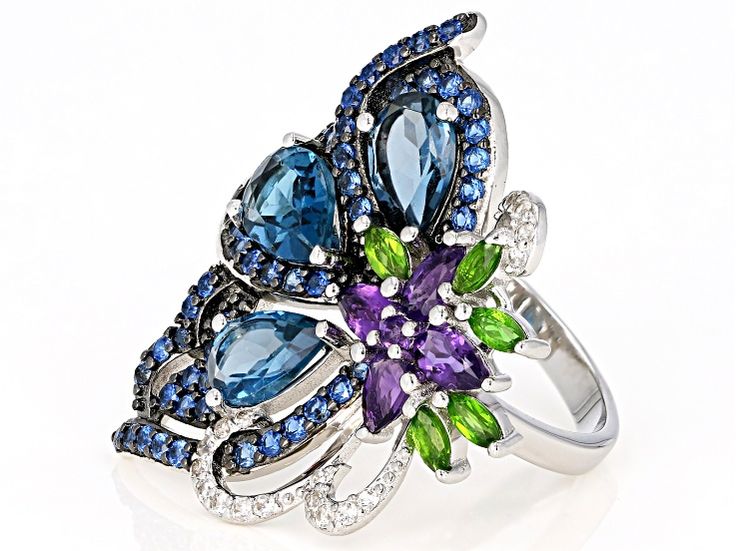 3.28ctw pear shape London blue topaz with .63ctw pear shape and .02ct round African amethyst, .36ctw marquise Russian chrome diopside, .94ctw round lab created blue spinel and .19ctw round white zircon, rhodium over sterling silver ring. Measures approximately 1.20"L x 1.29"W. Not sizeable. Black rhodium. Elegant Multi-stone Pear-shaped Jewelry, Elegant Marquise Cut Gemstone Accented Jewelry, Elegant Marquise Cut Gemstone Jewelry, Exquisite Multi-stone Pear-shaped Jewelry, Exquisite Pear-shaped Multi-stone Jewelry, Silver Multi-stone Pear-shaped Jewelry, Silver Pear-shaped Multi-stone Jewelry, Pear-shaped Multi-stone Silver Jewelry, Fine Jewelry Blue Topaz In Pear-shaped