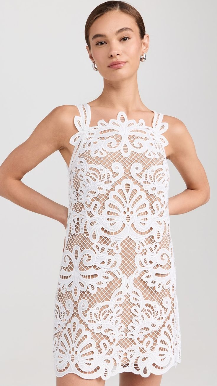 Self Portrait White Guipure Lace Mini Dress | Shopbop White Sleeveless Crochet Dress With Scalloped Lace, Fitted Sleeveless Mini Dress With Scalloped Lace, Fitted Sleeveless Crochet Dress With Lace Trim, Summer Evening Mini Dress With Lace Top, Chic Sleeveless Crochet Dress With Scalloped Lace, Sleeveless Lace Mini Dress With Crochet Details, Summer Sleeveless Crochet Lace Mini Dress, Fitted Sleeveless Crochet Lace Dress, Summer Crochet Lace Sleeveless Mini Dress