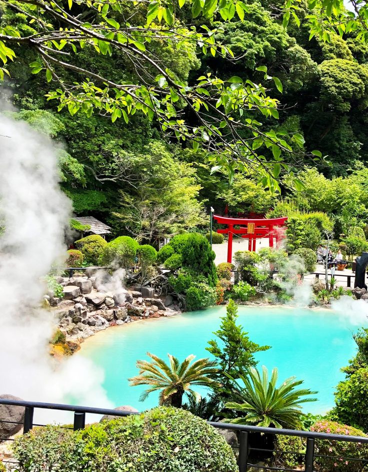 an outdoor hot spring pool surrounded by trees and shrubs with a red torido in the background