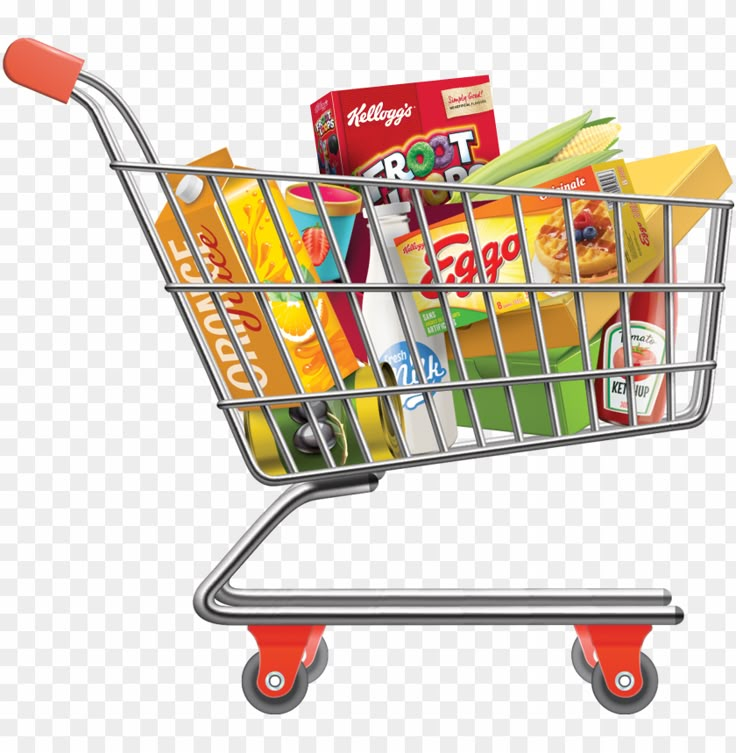 a shopping cart filled with food and drinks on top of a white background png