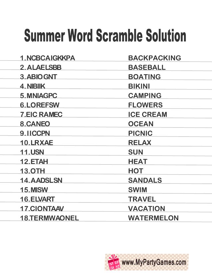 the summer word scramble solution is shown