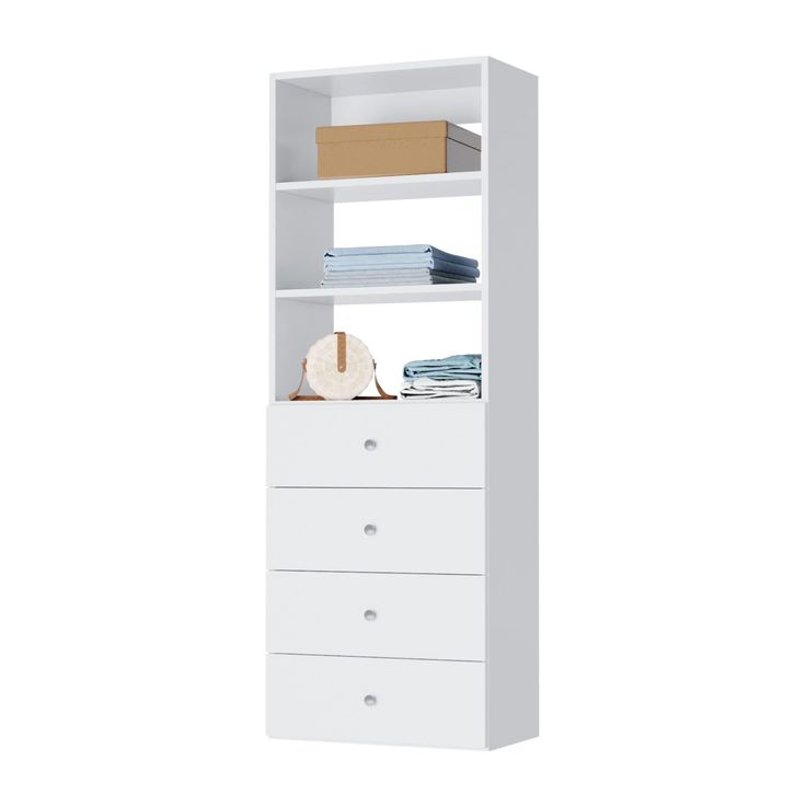 a white bookcase with drawers and clothes on it's sides, against a white background