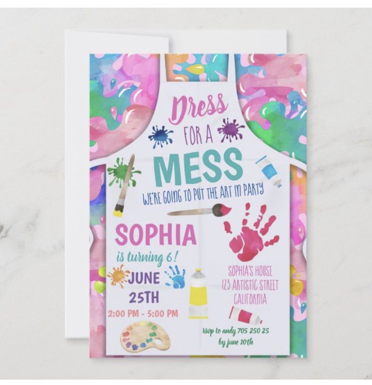 a birthday party poster with handprints and paintbrushes on the back of it