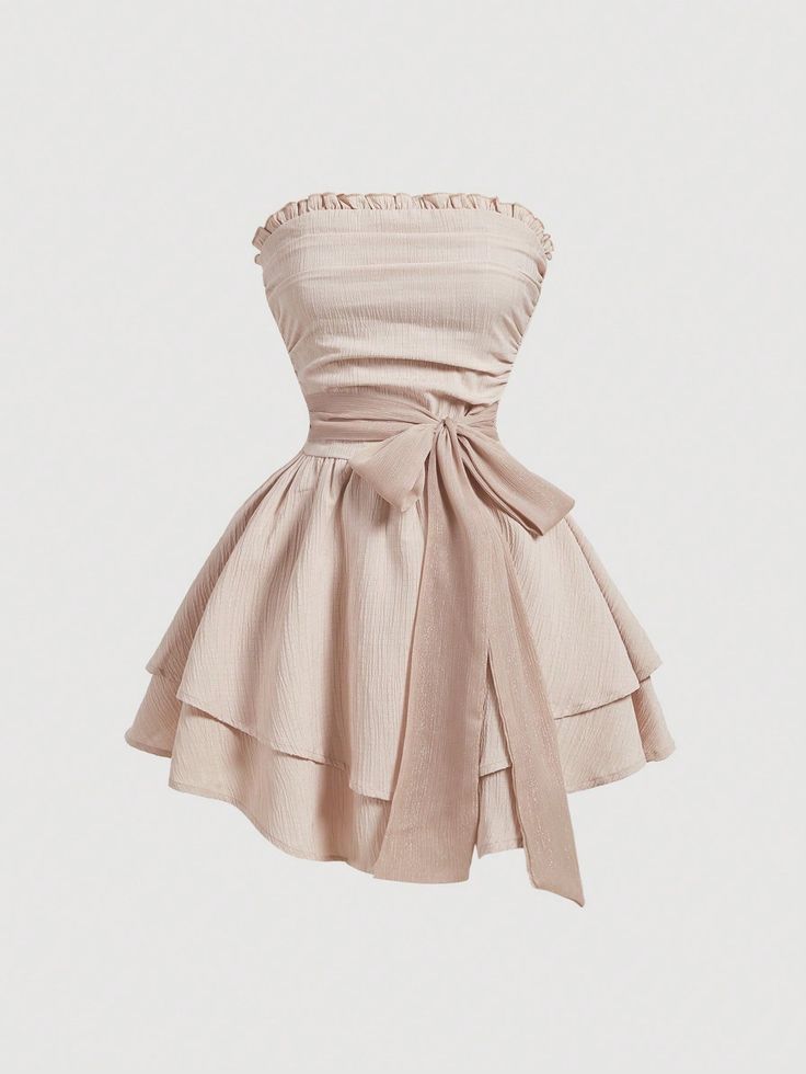 Women Strapless Backless Ruched Waist Tie Layered Fashion Dress Khaki Boho  Sleeveless Woven Fabric Plain A Line,Cami Non-Stretch  Women Clothing, size features are:Bust: ,Length: ,Sleeve Length: Dress With Bow Belt, Shein Cami Dress, Quinceanera Guest Outfit, Fancy Mini Dresses, Beige Dress Formal, Mod Women, Cute Dresses Casual, Cute Mini Dresses, Vestido Strapless