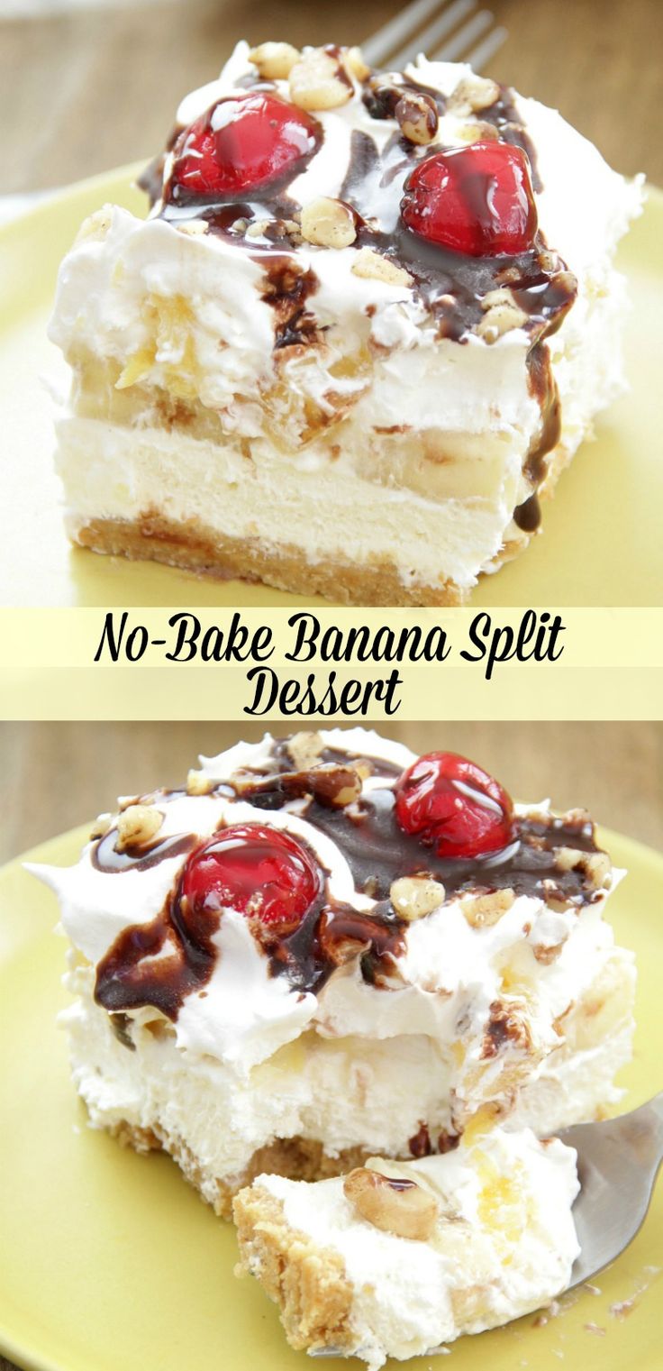 no bake banana split dessert on a yellow plate