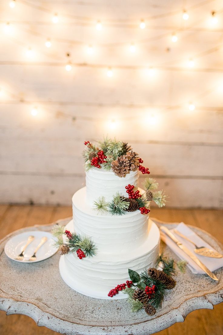 a white wedding cake with pine cones and berries