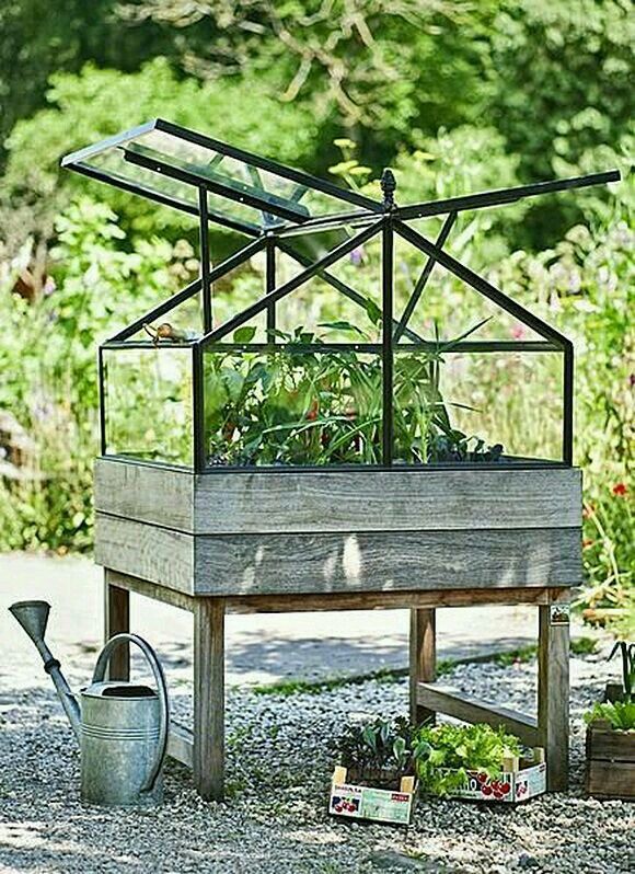 an elevated garden box with plants in it and watering can on the ground next to it