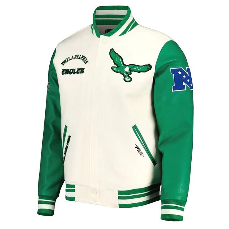 Green Varsity Jacket, Eagles Jacket, Varsity Jacket Women, Leather Varsity Jackets, Custom Leather Jackets, Cafe Racer Jacket, Team Jackets, Nfl Philadelphia Eagles, Racer Jacket