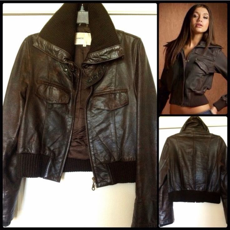 Vince Bomber Leather Jacket Size 10 Fits Like A 6/8. Worn Twice Brand New Condition. Amazing Piece Will Add More Pics As I List! Cropped Winter Jacket, Fitted Leather Cropped Jacket For Winter, 2000 Fits, Cute Jackets, Brown Leather Jacket, Simple Style, Trendy Outfits, Amber, Bomber Jacket