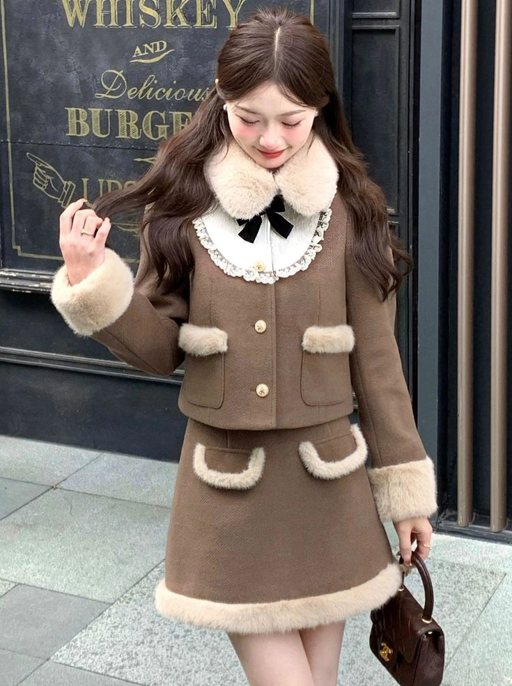 ❤︎ Walnut Far Doll Jacket + Furdable Pocket Skirt❤︎ Winter Outfits Kawaii, Deep Winter Outfits, Blondie Girl, Asian Ladies, Pocket Skirt, Deep Winter, Kawaii Fashion Outfits, Pink Lotus, Japanese Aesthetic