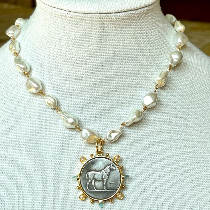 Chunky Porcelain Pearls In White Are So Luxurious Especially With The Chic Horse Coin 16” Blue Stone Pendant, Interesting Jewelry, Pink Statement Necklace, Cube Necklace, Rhinestone Statement Necklace, Star Of David Pendant, Moon Pendant Necklace, Circle Pendant Necklace, Cat Pendants