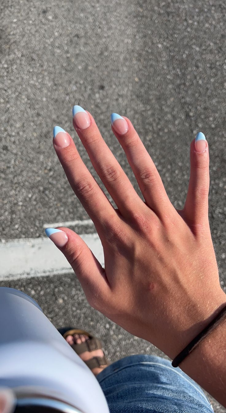 Blue French Tips With White Line, Light Blue Nails French Tip Almond, Lite Blue Nail Ideas, Blue Hoco Nails Short, Light Teal French Tip Nails, Light Blue French Tip With Chrome, Powder Blue French Tip Nails, French Tips Light Blue, Nails To Match Light Blue Dress