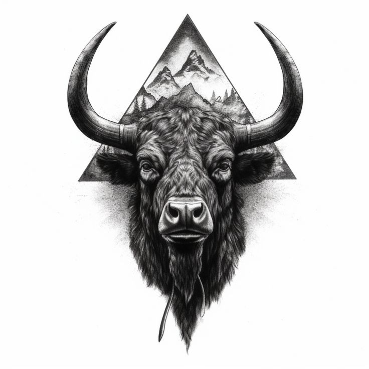 an animal with horns and mountains on it's head is drawn in black ink