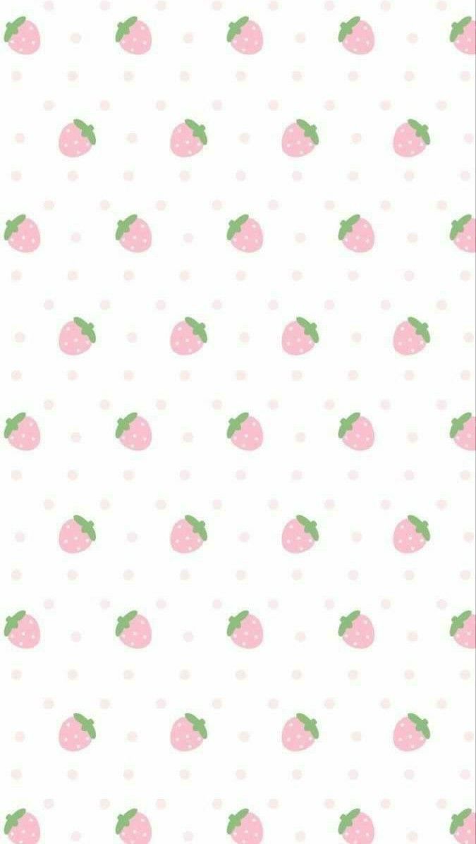 a white background with pink polka dots and green leaves on the bottom half of it