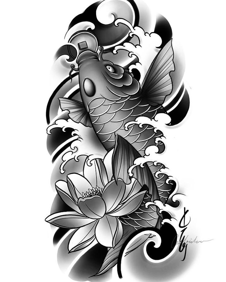 a black and white drawing of a koi fish with water lilies on it