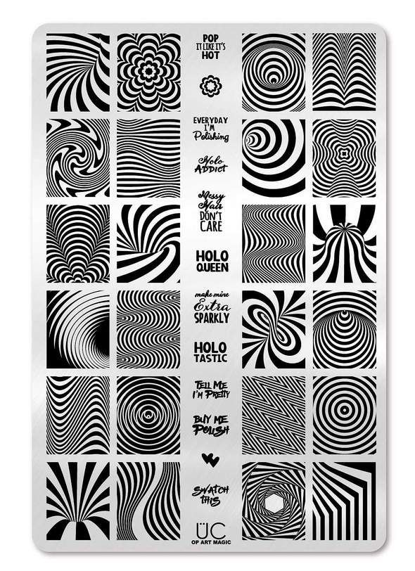 a poster with black and white swirls on the front, in different sizes and colors