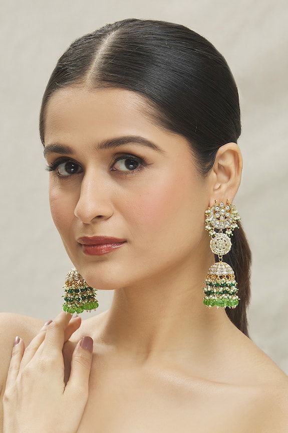 14kt gold plated half moon jhoomar jhumkas studded with green semi precious kundan, polki stone and pearls. - Aza Fashions Jewellery Earrings, Stone Studs, Brass Color, 14kt Gold, Half Moon, Aza Fashion, Online Jewelry, Semi Precious, Jewelry Design