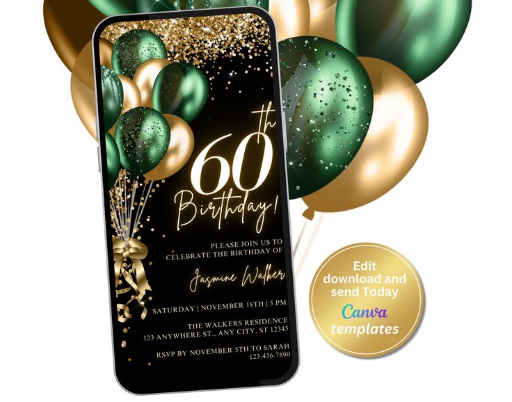 an image of a birthday party with balloons and gold confetti on the phone