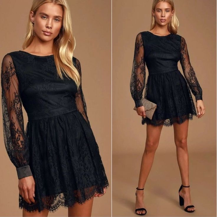 New Lulus Romantic Night Black Lace Long Sleeve Skater Dress S New Without Tags Lulus Exclusive! You'll Look Absolutely Darling In The Lulus Romantic Night Black Lace Long Sleeve Skater Dress! Gorgeous Sheer Lace Shapes This Chic Dress That Has A Rounded Neckline, Long Sleeves With Satin Button Cuffs, And A Fitted Darted Bodice. A High Banded Waist Tops A Perfectly Twirly Mini Skater Skirt With An Eyelash Lace Hem. Hidden Back Zipper/Clasp. Bodice And Skirt Are Lined. Self: 100% Nylon. Lining: 1 Long Sleeve Skater Dress, Mini Skater Skirt, Romantic Night, Lace Long Sleeve, Cup Sizes, Lace Hem, Rounded Neckline, Chic Dress, Sheer Lace