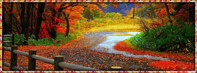 a painting of a road surrounded by trees with leaves on the ground and fall colors