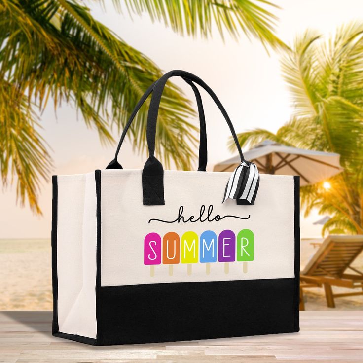 a white and black bag with the word hello summer on it