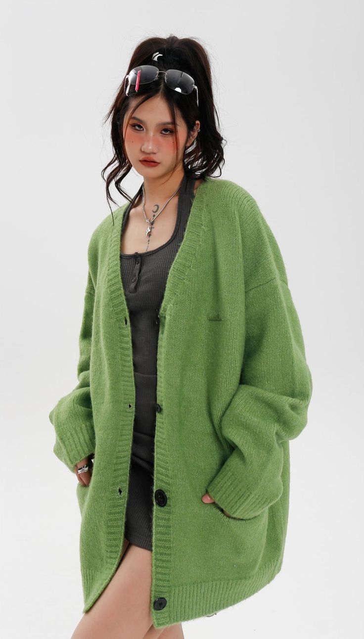 5ft 5''(166cm) tall, 97 lbs(44kg) weight and wearing a size M163cm/44kg wearing a size M - Cotton - Knitted- Button-up- Pockets- 3 colors Green Knit Long Sleeve Outerwear, Green Knitted Outerwear For Layering, Casual Green Winter Cardigan, Green Knitted Casual Outerwear, Casual Green Knitted Outerwear, Oversized Green Long Sleeve Sweater, Green Sweater Coat For Layering, Casual Green Long Sleeve Cardigan, Cozy Green Knit Outerwear