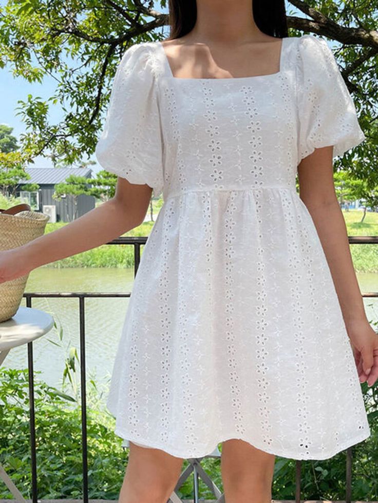 White Boho  Short Sleeve Cotton Plain Smock Embellished Non-Stretch  Women Dresses Short Cotton Frock For Women, Frok Designs For Women Unique, White Short Frock, Simple Short Frock Designs, White Frock Design, White Frocks For Women, Aesthetic Frocks, White Cotton Frock, Cotton Frocks For Women