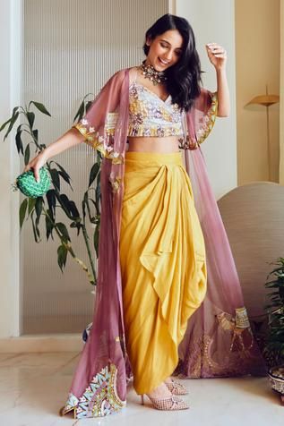 Shop for Leela by A Purple Linen-satin And Organza Embroidered Cape With Draped Dhoti Skirt Set for Women Online at Aza Fashions Western Dresses For Wedding, Indo Western Dress Party Wear, Masoom Minawala, Indo Western Dresses, Indo Western Dresses For Women, Indian Bridesmaid Dresses, Casual Attire For Women, Dresses For Wedding Guest, Tandoori Masala