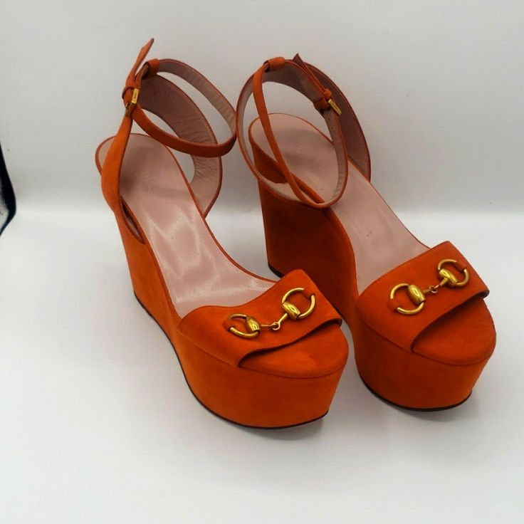 Gucci Orange Suede With Gold Hardware 4inch Wedge Heels Size 39 Comes With Original Box 100% Authentic New Never Been Worn Gucci Leather Wedge Sandals For Summer, Chic Gucci Platform Wedge Sandals, Gucci Wedge Sandals With Platform Heel, Gucci Formal Platform Heels, Gucci Platform Wedge Sandals, Gucci Summer Wedge Heel Sandals, Gucci Summer Wedge Sandals, Chic Gucci Wedge Sandals For Summer, Chic Gucci Summer Wedge Sandals