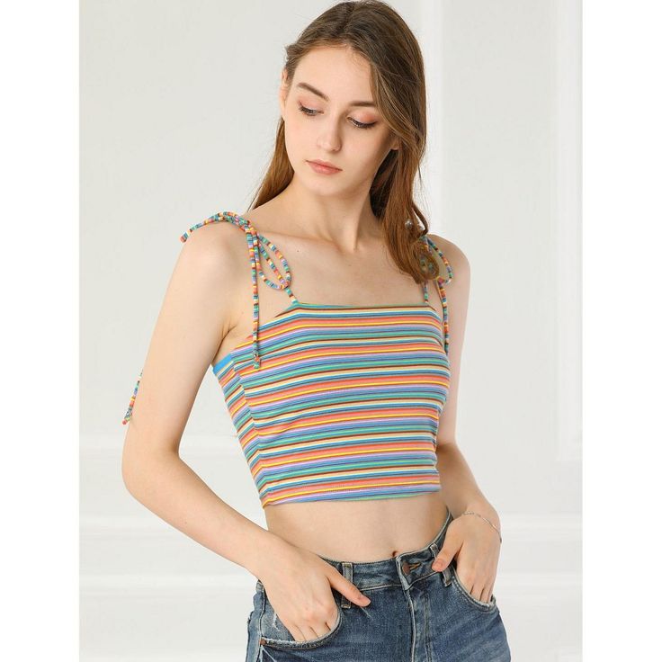 This feminine beach cropped top is styled with charming multicolor stripes and tie shoulder straps. A stretchy slim top that also makes a cute underlayer for streetwear boasts a riveting rainbow of stripes. A chic fashion and now an essential for today, this cami top is made from a soft, stretchy knit jersey with spaghetti straps for a comfortable fit. Casual Summer Tank Top With Straps, Casual Summer Crop Top With Straps, Casual Summer Tops With Straps, Trendy Striped Sleeveless Crop Top, Trendy Spaghetti Strap Crop Top For Beach Season, Summer Crop Top Tank With Adjustable Straps, Trendy Spaghetti Straps Crop Top For Beach Season, Trendy Beach Crop Top With Tank Straps, Summer Crop Top With Straps