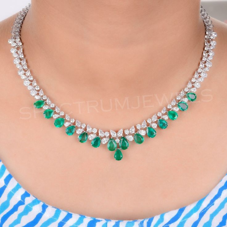 Zambian Emerald SI/H Diamond Wedding Necklace 14k White Solid Gold 25.87 Tcw Green Diamond Necklace For Formal Occasions, Formal Green Hallmarked Diamond Necklace, Formal Round Emerald Necklace Fine Jewelry, Formal Round Emerald Necklace, Luxury Hallmarked Emerald Necklace For Wedding, Formal White Gold Emerald Necklace With Hand-set Stones, Hallmarked Green Diamond Necklace, Formal Bridal Necklace In White Gold With Gemstones, White Gold Bridal Necklace With Gemstones For Formal Occasions