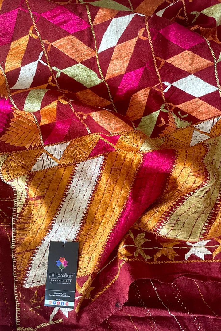 Vintage Khaddar Bagh Phulkari Early 20th Century KBD7 at PinkPhulkari Designer Multicolor Festive Saree, Designer Multicolor Saree For Festive Season, Designer Multicolor Saree For Festive Occasions, Ceremonial Multicolor Katan Silk Saree, Ceremonial Multicolor Raw Silk Dupatta, Ceremonial Multicolor Silk Dupatta, Traditional Silk Wear With Handwork, Festive Ceremonial Dupatta With Handwork, Multicolor Traditional Wear For Ceremonial Festive Occasions