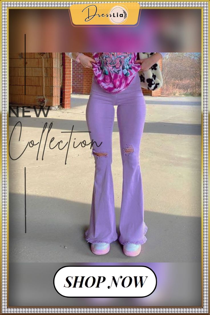 High Waist Plain Hole Elastic Pants Non-stretch Purple Trousers, Non-stretch Purple Pants With Pockets, Full Length Purple Pants For Spring, Spring Full Length Purple Pants, Spring Purple Full-length Pants, Trendy Non-stretch Purple Bottoms, Trendy Wide Leg Purple Bottoms, Trendy Purple Wide Leg Bottoms, Casual Pink Flare Pants