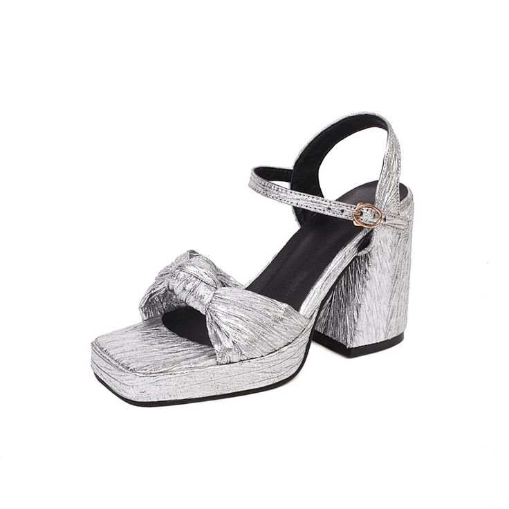 Shop Silver Plisse Knot Platform Chunky Heels Ankle Strap Buckle Party Sandals color Silver for Dancing Club, Going out, Music Festival, Party with worldwide Free shipping & Free return. Spring Party Heels With Block Heel, Party Block Heels With Heel Strap, Glamorous Summer Block Heels With High Heel, Glamorous High Heel Block Heels For Summer, Glamorous Summer High Heel Block Heels, Party Block Heels With Heel Strap And Round Toe, Party Block Heels With Ankle And Heel Strap, Party Block Heels With Wrapped Heel And Round Toe, Summer Party Block Heels With Round Toe