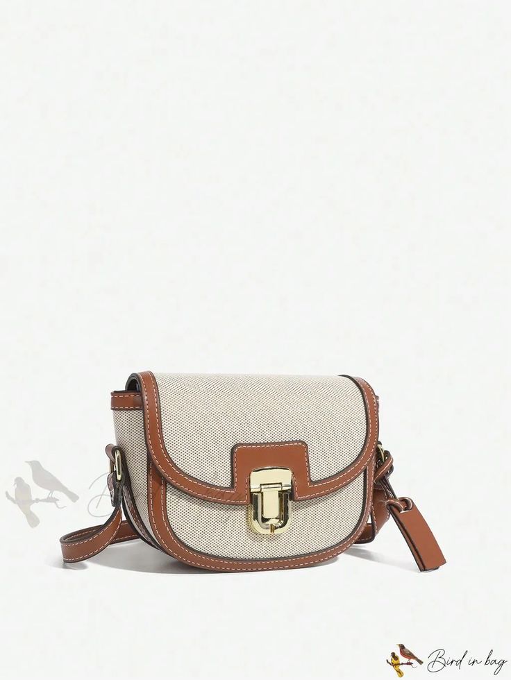 Bird in Bag - Leather Saddlebag with Metal Flap Closure. Beige Saddle Bag With Adjustable Strap For Daily Use, Beige Saddle Shoulder Bag With Adjustable Strap, Chic Beige Saddle Bag For Travel, Chic Beige Saddle Bag, Saddle Shoulder Bag With Detachable Strap For Errands, Trendy Beige Saddle Bag With Detachable Strap, Classic Crossbody Baguette Bag For Errands, Trendy Beige Bags With Metal Hardware, Trendy Rectangular Saddle Bag For Errands