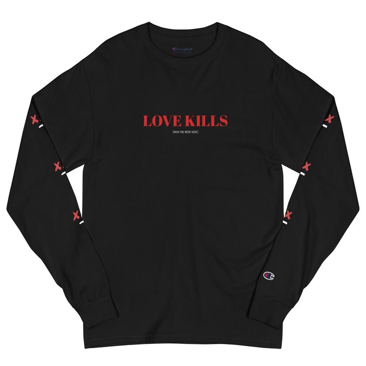 Love Kills [Wish You Were Here] Long Sleeve Shirt (V-Day Edition) • 100% cotton • Fabric weight: 5.2 oz/y² (176.3 g/m²) • Regular fit • Taped crew neck • Double-needle stitched bottom hem • Ribbed knit cuffs ��• Champion "C” logo on the left sleeve • Blank product sourced from El Salvador or Honduras This product is made especially for you as soon as you place an order, which is why it takes us a bit longer to deliver it to you. Making products on demand instead of in bulk helps reduce overproduct Love Kills, Wish You Were Here, V Day, C Logo, Wish You Are Here, Knit Cuff, Honduras, Long Sleeve Shirt, Fabric Weights