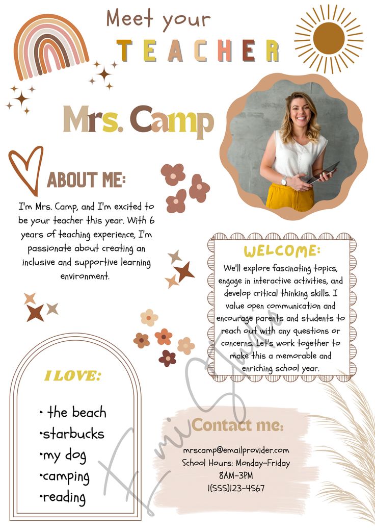 a poster with the words meet your teacher about me and an image of a woman